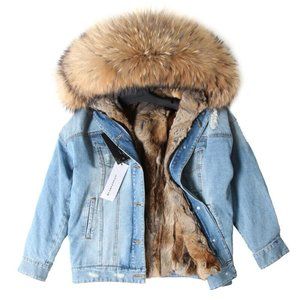 Rabbit Fur Lined Distressed Denim Hooded Parka Jacket With Racoon Trim